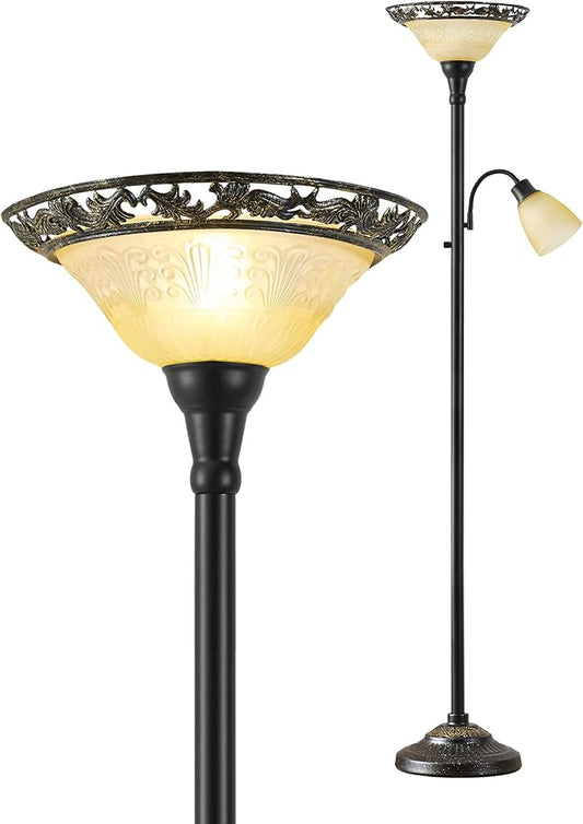 Luvkczc Torchiere Floor Lamps for Living Room, 70" Lamps for Living Room with Etched Glass Shade, Metal Pole & Heavy Base, Vintage Standing lamp Decor for Bedroom, Living Room, Office