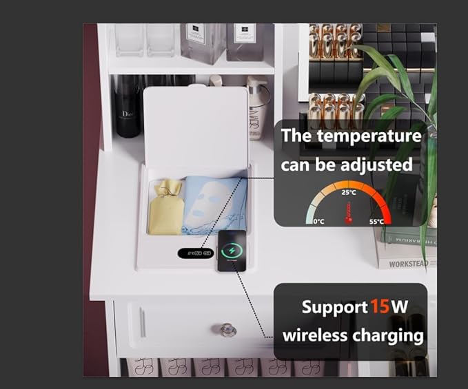 Extra Large Vanity Desk with Mirror and Lights, White Vanity with Bluetooth Speaker, Wireless Charging and Mask Cooler, Makeup Vanity Table with 9 Drawers for Women (Minimalist Style)