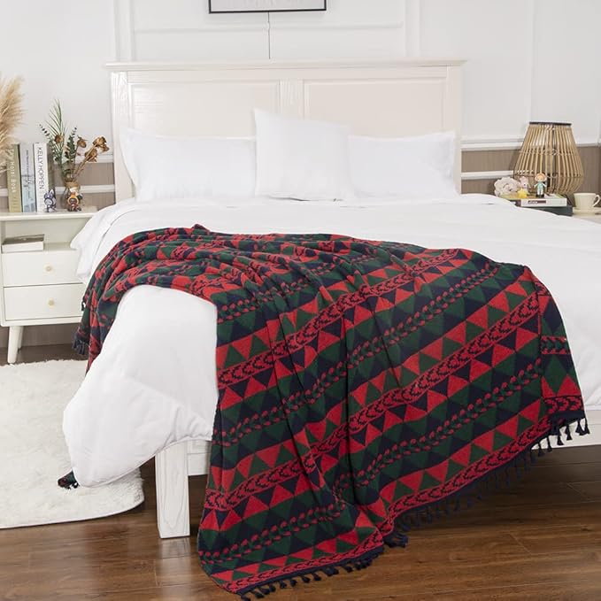 Gealaek Boho Throw Blanket Lightweight Soft Cozy Decorative Blankets for Sofa Bed Farmhouse Throw Blanket Aztec Blanket with Tassel Navy Red Green Checkered 50" x 60"