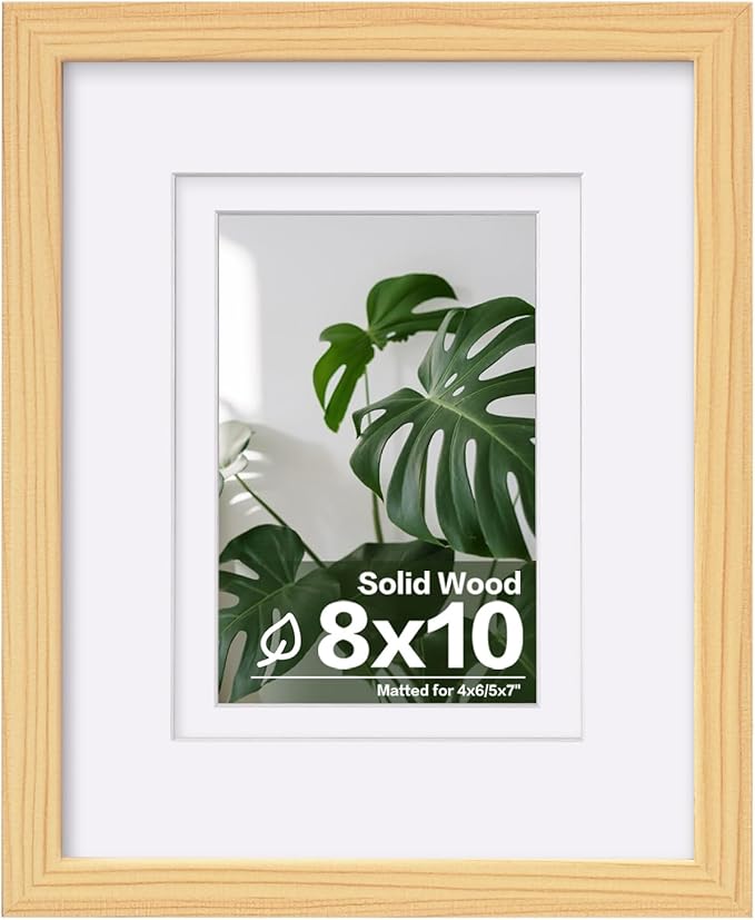 Egofine 8x10 Picture Frame Natural Wood Made of Solid Wood with Plexiglass, Display Pictures 4x6/5x7 with Mat or 8x10 Without Mat, for Tabletop and Wall Mounting Photo Frame