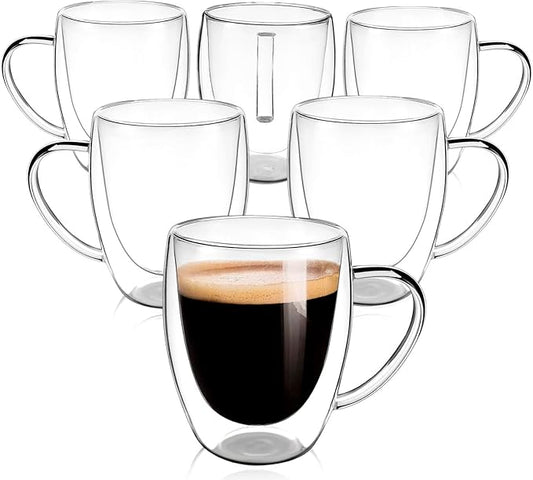 Clear Glass Double Wall Insulated Round Coffee Mugs Set of 6 Pieces - Medium Size 12oz Best Reusable Coffee Mug for Home Cafe Restaurant Perfect for Espresso Capucinno Lungo Latte Coffee