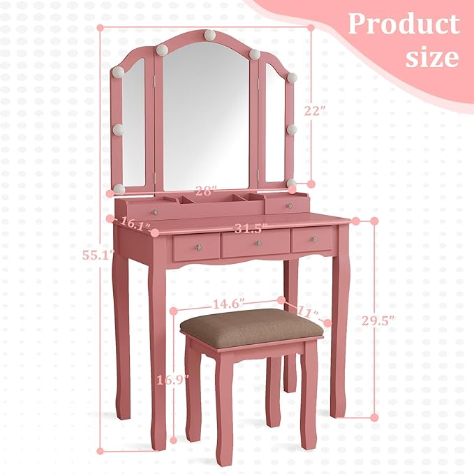 Pink Makeup Vanity Desk with Mirror Lights, Vanity Desk with Lights and Mirror, Makeup Vanity with Drawers and Kids Vanity