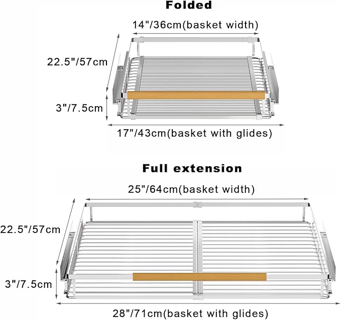 Expandable Pull Out Cabinet Organizers,Adjustable Width W:17”-28” x D:22.5”,Slide Out Cabinet Storage Drawers,Stainless Steel Gliding Cupboard Wire Shelves for Kitchen Pantry Pots and Pans,2 Packs