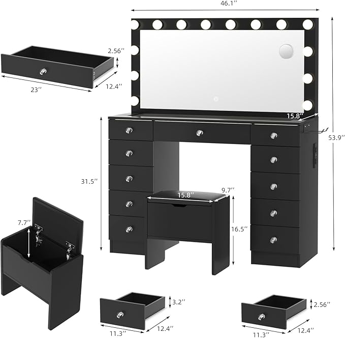 VOWNER Vanity with Lighted Mirror - Makeup Vanity Desk with Glass Top and 11 Drawers, 3 Color Lighting Modes Adjustable Brightness, 46" Vanity Table with Soft Cushioned Stool for Bedroom, Black