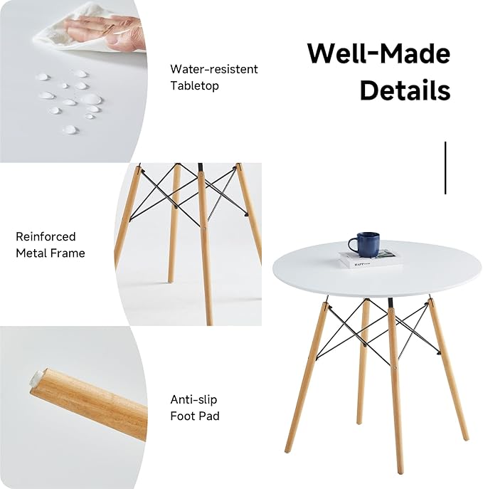 Round Dining Table Set for 4 31.5" Wood Dinner Table Circle Dining Table Kitchen Table Chairs Set of 4 with Wood Strip Base for Kitchen Living Room Space Saving Apartment(White)