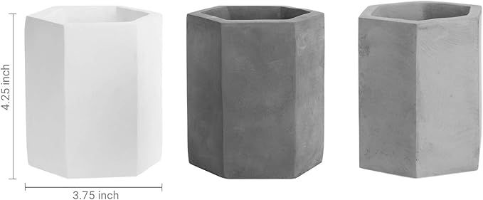 MyGift Set of 3 Cement Decorative Hexagon Multi-Colored Desktop Pen Holder and Pencil Office Supply Stationary Storage Cups (White, Gray, Black)
