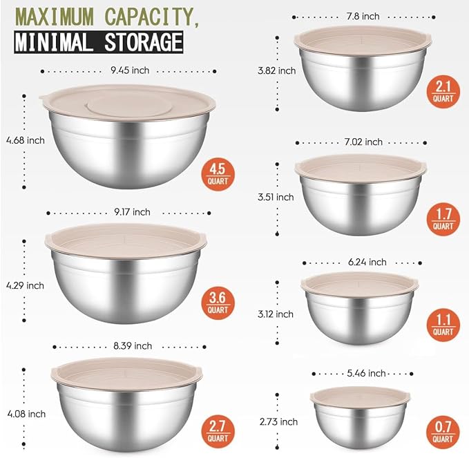 Mixing Bowls With Lids Set,Stainless Steel Mixing Bowls Set With 3 Grater,Metal Nesting Bowls For Kitchen Baking Refrigerator Meal Prep Food Storage Organizer,7 Size(Khaki)