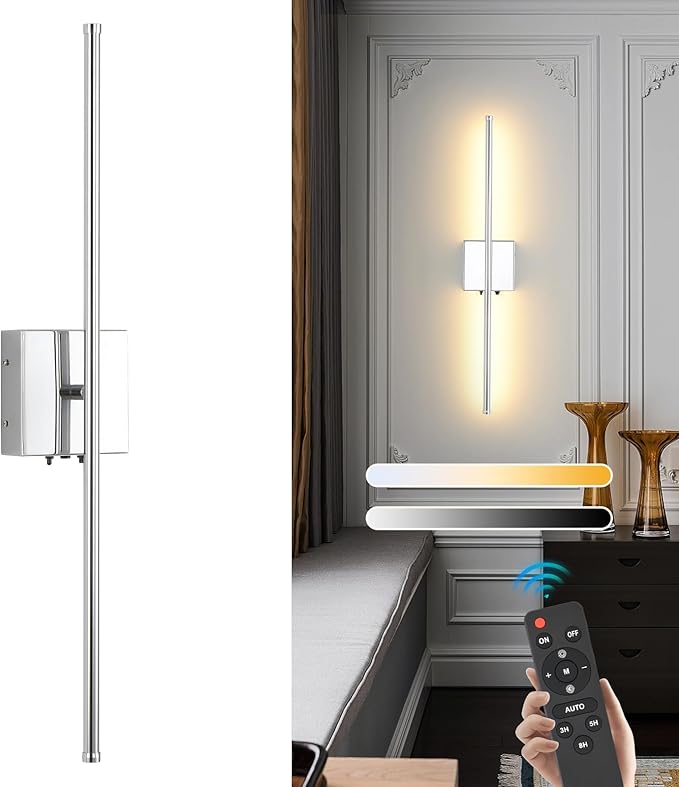 LED Wireless Battery Operated Wall Sconces, 11000mAh Rechargeable Chrome Wall Lights with Remote Control, 350°Rotate Dimmable Wall Lamp, 3 Color Temperatures, for Bedroom Living Room Hallway, 1 PCS