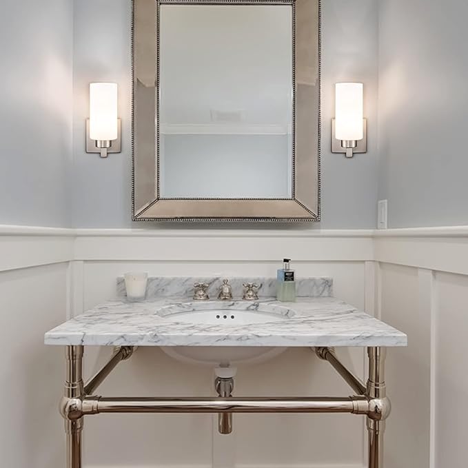 Modern Wall Sconces Set of Two Brushed Nickel Bathroom Vanity Light with Milky White Cylinder Glass Shade