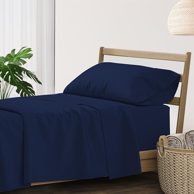XOOX Linen 100% Cotton Twin Sheets Set - 500 Thread Count Cotton Sheets Twin Size, Extra Soft, Sateen Weave, Cooling Deep Pocket Bed Sheet for Dorm Room, Luxury Hotel Quality Bedding (3 PC, Navy Blue)