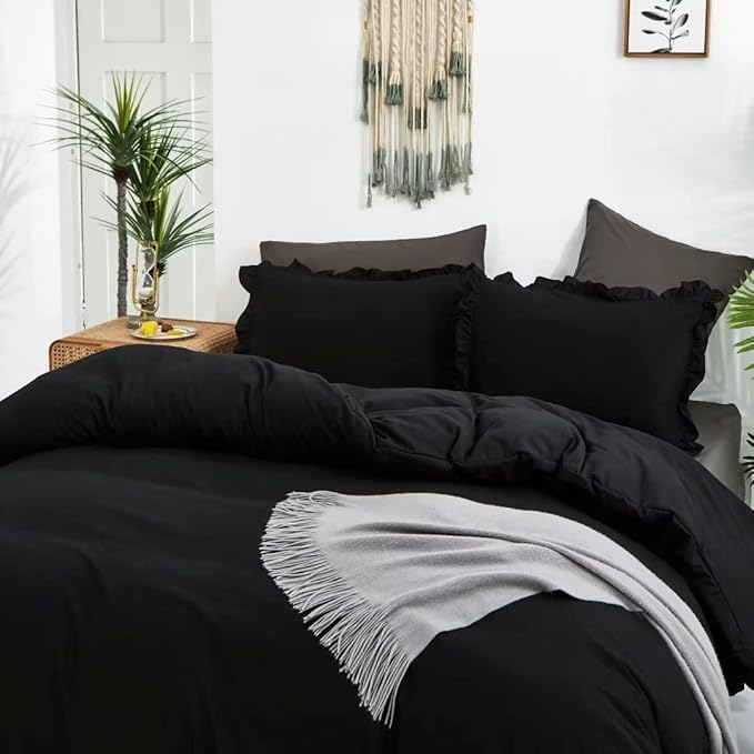 CLOTHKNOW Black Ruffles Queen Comforter Set Farmhouse Bedding Comforter Sets Shabby Chic Comforter Boho Comforter Queen with 2 x Pillow Cases