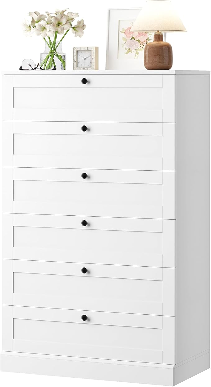 HOSTACK White 6 Drawer Dresser for Bedroom, 52" Tall Dresser & Chest of Drawers, 29" W Wood Drawer Chest, Modern Vertical Storage Cabinet for Living Room, Entryway, Hallway