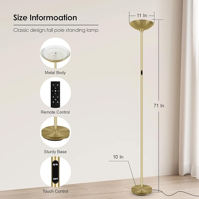 Stepless Dimmable Floor Lamp,30W 3000LM Super Bright LED Torchiere Floor Lamps with Remote & Touch Control,71 In Tall Modern Pole Standing Lamp for Living Room Bedroom Office,2700k-6500k,Golden