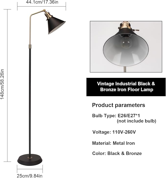Industrial Floor Lamp, 58'' Black Floor Lamp Design, Adjustable Head Vintage Metal Standing, Tall Simple Corner Lamp, Floor Lamps for Living Room, Bedroom, Office, Couch