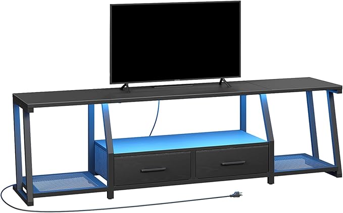 LED TV Stand with Fabric Drawers for 80 Inch TV, Entertainment Center with Power Outlets and Open Storage Shelves, Industrial Media TV Console Table for Living Room, Bedroom, Black