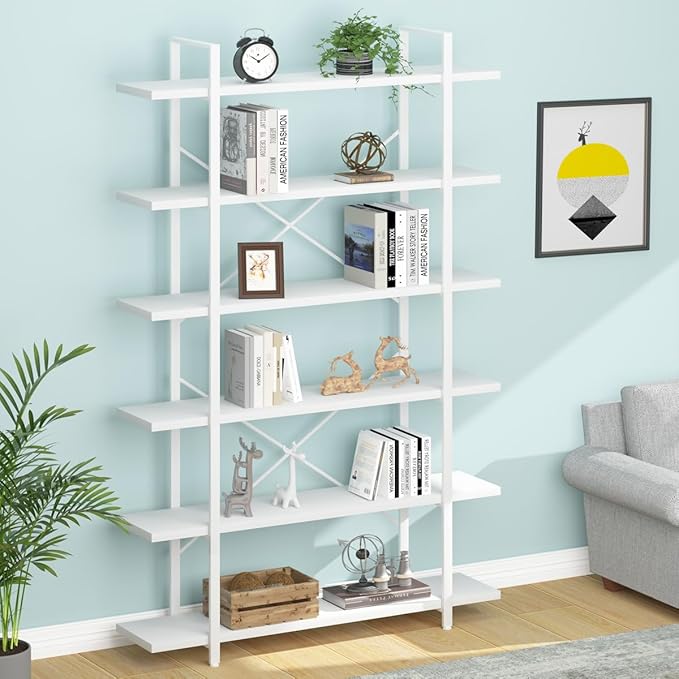 HSH 6 Tier Tall White Bookshelf, Industrial Modern Vertical Metal and Wood White Bookcases 6 Shelf,Farmhouse Open Large Storage Book Shelves & Display Book Shelf for Bedroom Living Room Office