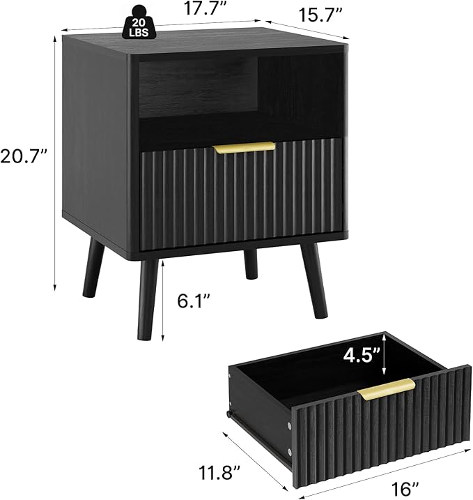 LYNSOM Fluted Dresser and Nightstand Set, 3 Pieces Bedroom Set, 55 Inch Wide 6-Drawer Dresser & 1-Drawer Nightstands Set of 2, Modern Dressers Set for Bedroom, Living Room, Black