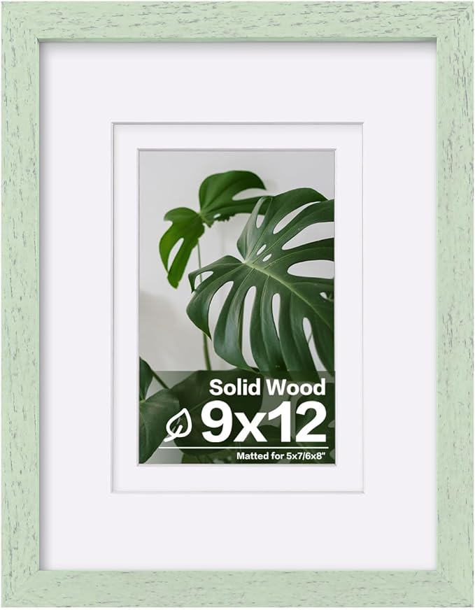 Egofine 9x12 Picture Frame Made of Solid Wood Covered by Plexiglass, Wood Frame for Pictures 5x7/6x8 with Mat or 9x12 without Mat, Tabletop and Wall Mounting Display, Rustic Green