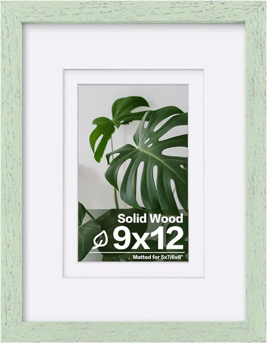 Egofine 9x12 Picture Frame Made of Solid Wood Covered by Plexiglass, Wood Frame for Pictures 5x7/6x8 with Mat or 9x12 without Mat, Tabletop and Wall Mounting Display, Rustic Green