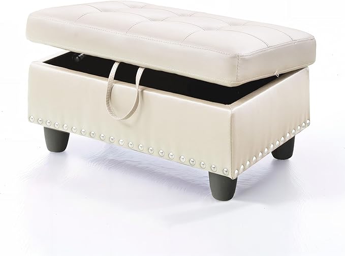 Ottoman Rectangular Storage Ottoman Bench, Faux Leather Footrest, Coffee Table, Stool Footstool with Hinged Lid for Living Room, Bedroom, Entryway, White, 28.5"x19"x17.5"