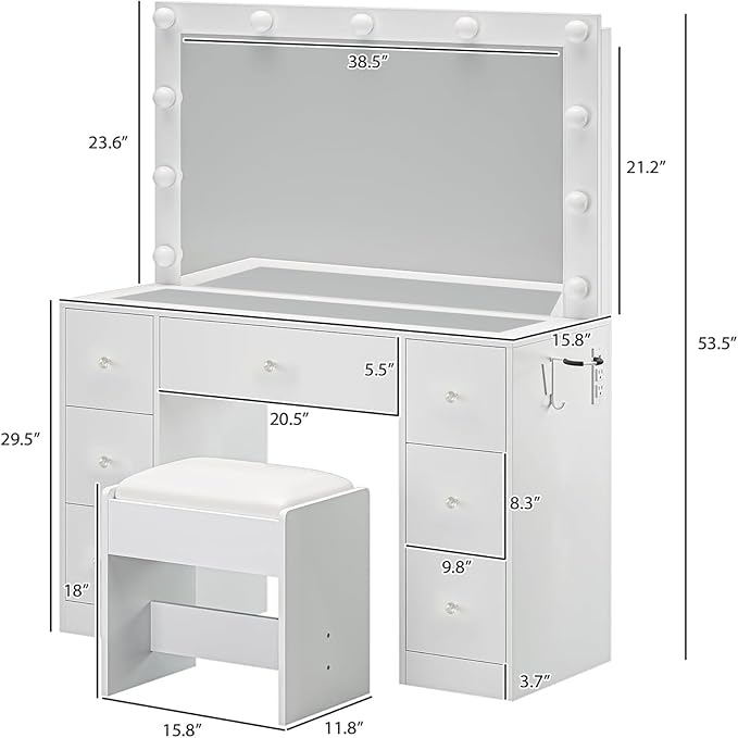 Vanity Desk with Mirror and Lights, Makeup Vanity Desk with Lights 3 Colors, Reinforced Glass Vanity, Makeup Vanity with 11 Storage Drawer (White, 7 Drawers)