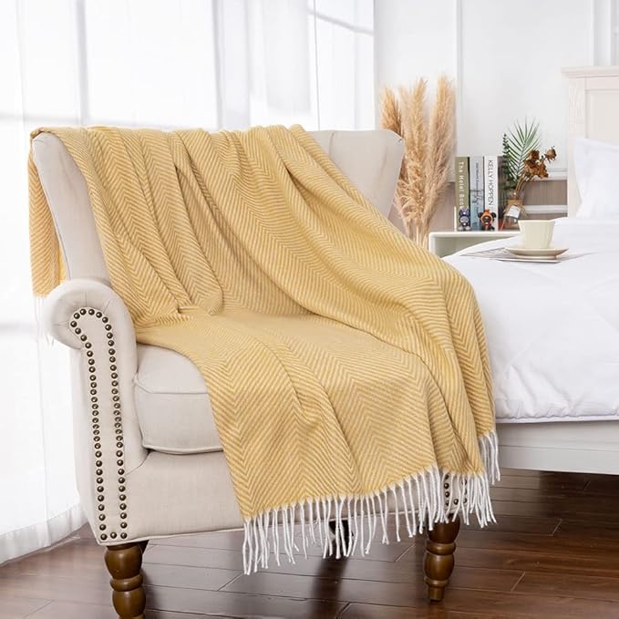 Gealaek Decorative Herringbone Faux Cashmere Throw Blanket Yellow Cheveron Fringe Lightweight Fuzzy Soft Cozy Throws for Sofa Bed Farmhouse Throw Blanket 50" x 60"
