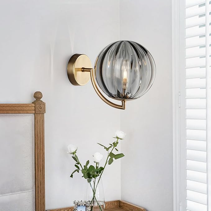 KCO Lighting 1-Light Smoked Glass Wall Sconces Brushed Brass Wall Sconce Light Gold Globe Wall Light Fixtures Vintage Bathroom Wall Lamp Modern Round Wall Sconce