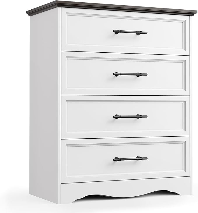 White Dresser for Bedroom, Modern 36" Tall 4 Chest of Drawers, Wide Chest of Drawers w/Brushed Metal Handle, Wood Closet Organizers and Storage Cabinet for Bedroom, Living Room, Hallway