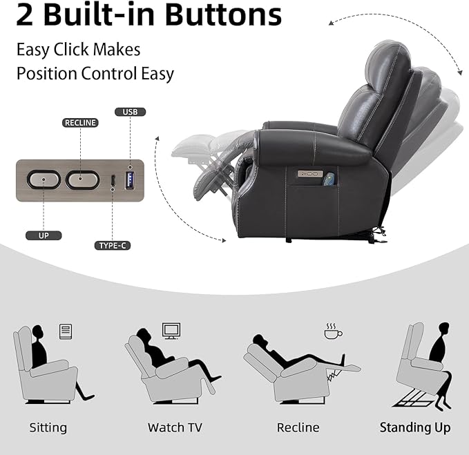 Phoenix Home Genuine Leather Power Lift Recliner Chair for Elderly with Massage and Heating, Electric Recliner for Seniors with Extended Footrest, Type-C and USB Port, Side Pocket, Grey