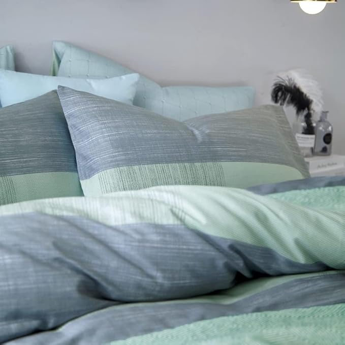 mixinni Simple Patchwork Print Comforter Set King Size Bed Fluffy Blue Mint Green Geometric Pattern Comforter for Boys Women and Men, 1 Modern Comforter and 2 Pillowcases for All Season-King Size