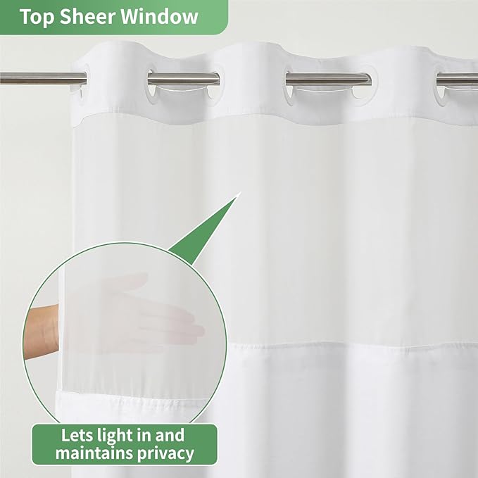 White No Hook Shower Curtain with Snap-in Fabric Liner Set,Slub Textured Fabric Shower Curtains for Bathroom,Hotel Style Modern Shower Curtain,Water Repellent& Washable,71x77(75)