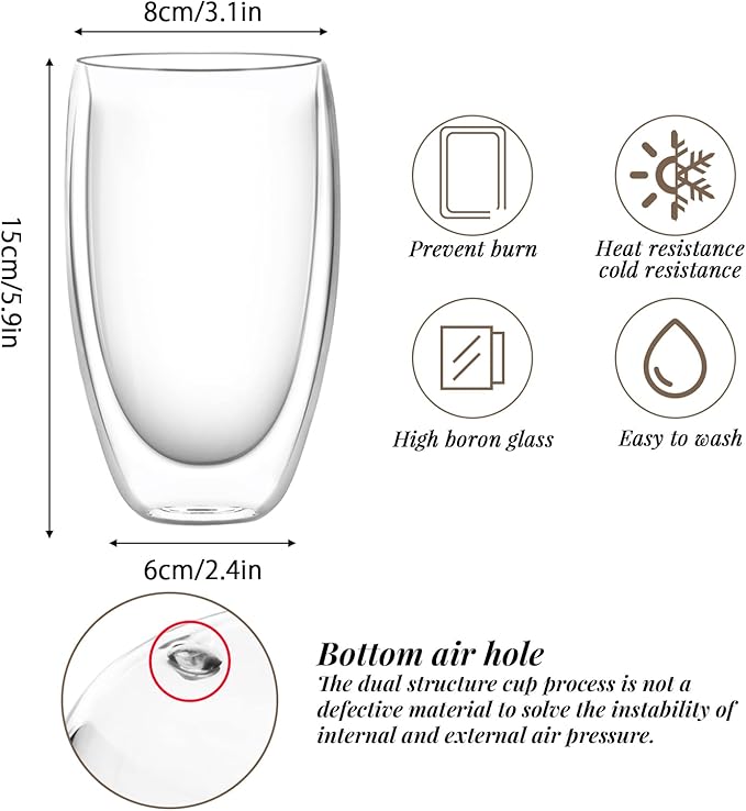 Glass Coffee Cups Set of 4, 16 oz Double Walled Glass Coffee Mugs, Insulated Coffee Mug for Espresso, Cappuccino, Latte, Tea
