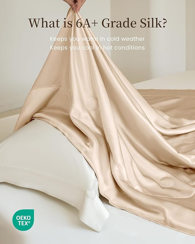 THXSILK Silk Blanket, 100% Mulberry Silk Cooling Throw, Soft and Lightweight Blanket for Bedroom, Sofa, Travel, All-Season (Champagne, Queen)