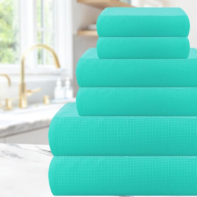 CASA COPENHAGEN Waffle Towel, 6Pieces 100% Cotton Large Towel Set- Aqua Blue, 2Bath 2Hand 2Washcloths Instant Absorb and Dry, Soft Strong Towels for Hotel Spa Kitchen Bathroom & Shower