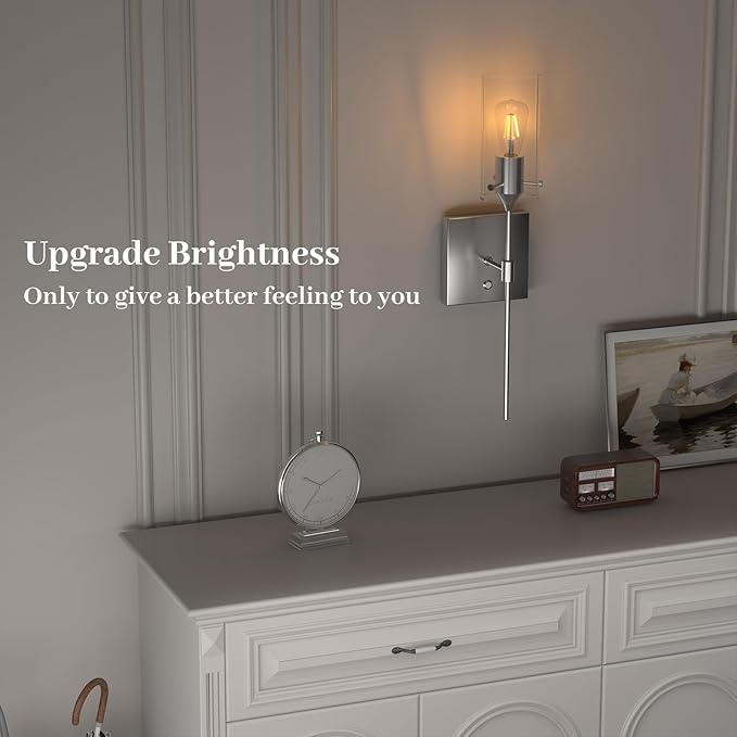 Battery Operated Wall Sconce with Remote Control Set of 2, Dimmable Wall Light Fixture Rechargeable, Nickel Wireless Wall Mount Lamp for Living Room Bedside Hallway Lounge, Bulb Included