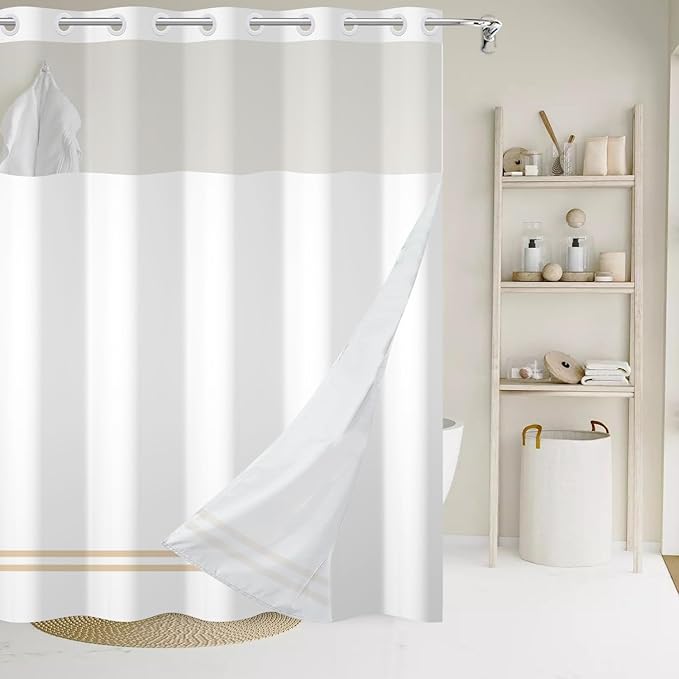 No Hook Shower Curtain with Snap in Liner, White and Brown Striped Heavy Duty See Through Window Waterproof Machine Washable Bathroom Curtain 71" W x 74" L (Pack of 1)