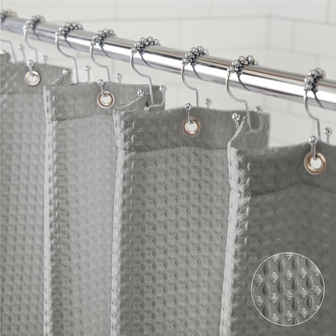 GORILLA GRIP Waffle Shower Curtain, Thick Weighted Fabric, 72x78, Wrinkle and Rust Resistant, Classic Hotel Quality Design, Heavy Duty Long Curtains for Bathroom Showers, Bath Tubs, Machine Wash, Gray