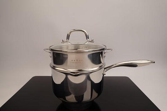 Tri-Ply Stainless Steel Sauce Pan with Steamer Basket & Straining Glass Lid— 2-in-1 Multi-Function Pot for Steaming, Boiling & Simmering — Healthy, Durable, Rust-Resistant, Professional-Grade Cookware