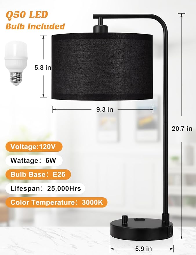 Black Tall Table Lamp with USB Port and Outlet, Dimmable Nightstand Bedside Lamps with Linen Lampshade, Desk Lamp for Bedroom, Living Room, Guest Room, Home Office, LED Bulb Included