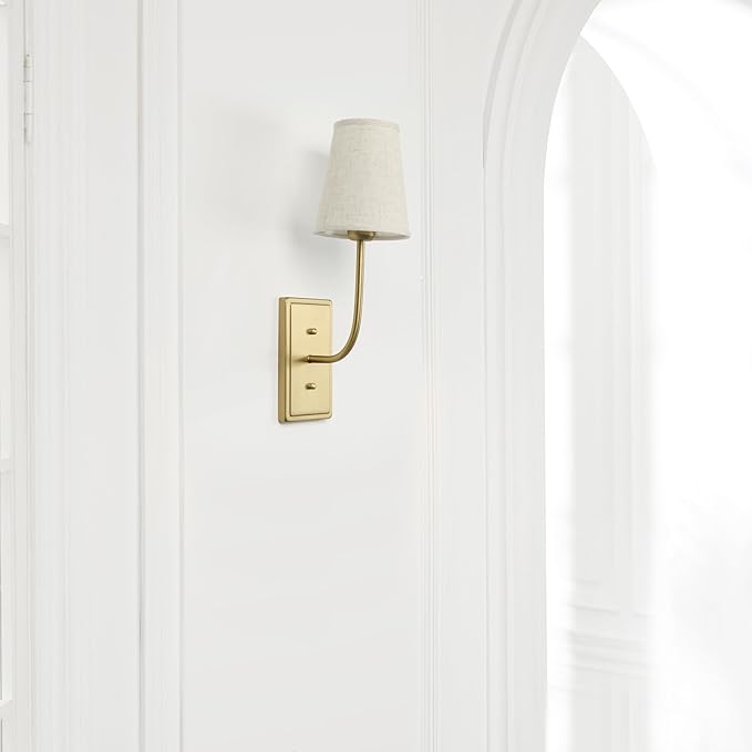 Vintage Brass Wall Sconce 1-Light, Linen Fabric Shade Wall Lamp Hardwired Indoor Wall Light for Bedroom Living Room Vanity Bathroom