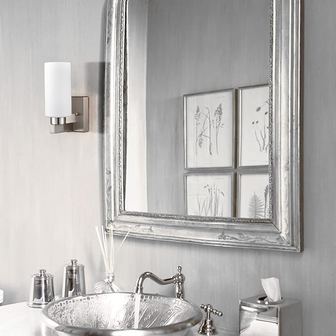 Modern Wall Sconces Set of Two Brushed Nickel Bathroom Vanity Light with Milky White Cylinder Glass Shade