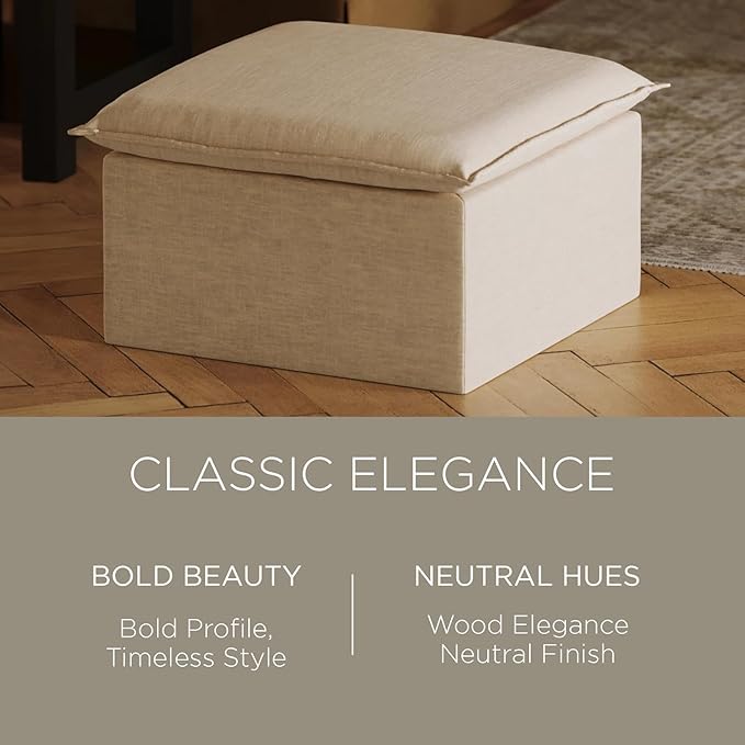 Maven Lane Claude Large Square Rustic Upholstered Ottoman, Cushioned Footrest for Living Room Couch, Chair, or Dorm Room in Taupe Fabric Upholstery