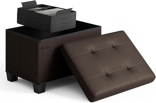 STORAGEBUD Storage Ottoman Cube with Small Bin, 16-in Square Ottoman with Storage for Living Room and Bedroom, Small Ottomans Foot Rest, Faux Leather Foot Stools Ottomans Max 330lbs, Brown