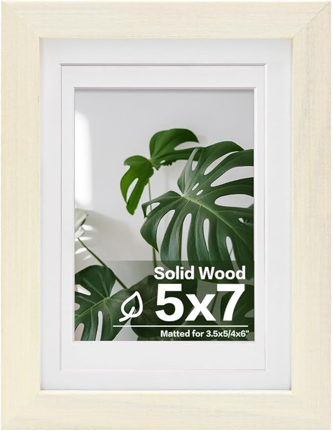 Egofine 5x7 Picture Frame Made of Solid Wood with Plexiglass, Display Pictures 3.5x5/4x6 with Mat or 5x7 Without Mat for Tabletop and Wall Mounting, Beige