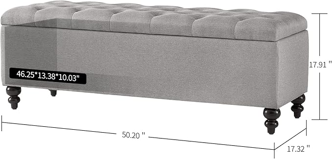 Storage Ottoman 50.2 Inches Upholstered Fabric Bench，Button Tufted for Living Room，Bedroom End of Bed Bench Withstands 303lbs (Grey)