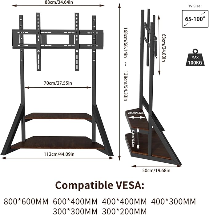 unho Large Mobile TV Floor Stand with Wheels for 65 75 85 86 90 100 inch TVs, Heavy Duty Rolling TV Mount Cart with Television Stands for Living Room Entertainment Max VESA 800x600mm, Up to 220 lbs