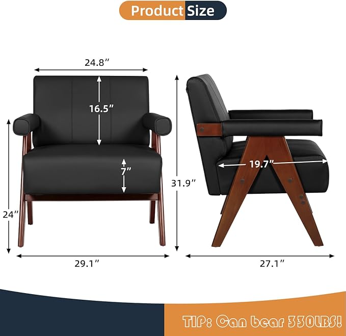 AODAILIHB Mid Century Modern Chairs Black Leather Accent Chair Wood Arms with Soft Bag Living Room Chairs with Thick Cushion Comfy Sitting Waiting Room Chairs Bedroom/Office (1, Black)