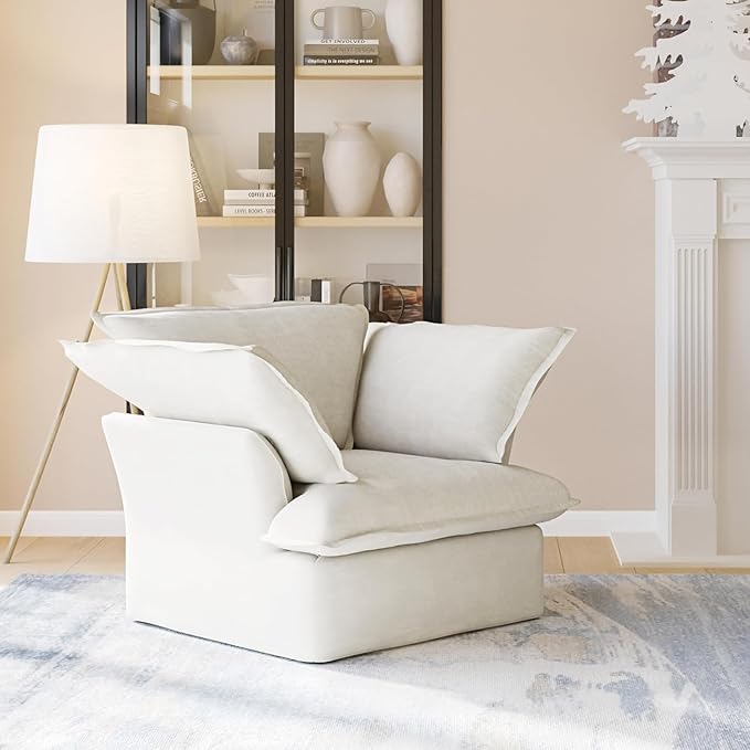 JACH 43" Modern Comfy Couch Chair with Thick Cushion, Couch Single Accent Chair Deep Seat Sofa Couches, Hemp Velvet Sofas Furniture for Small Spaces Living Room Bedroom Office Apartment (White)