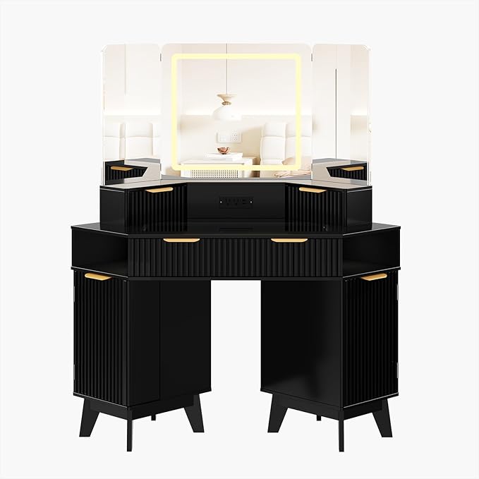48 Inch Fluted Makeup Vanity Desk with Mirror and Lights, Modern Corner Makeup Vanity with Glass Top, Charging Outlet & 3-Panel Lighted Mirror, Dressing Table for Bedroom