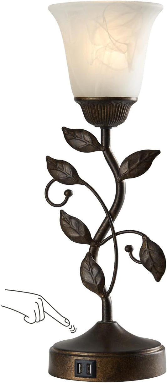 RORIANO Touch Bedside Table Lamp, Vintage Nightstand Lamp with 2 USB Ports for Living Room, 3 Way Dimmable Leaf Lamp Retro Table Lamp for Bedroom with White Glass Shade, LED Bulb Included